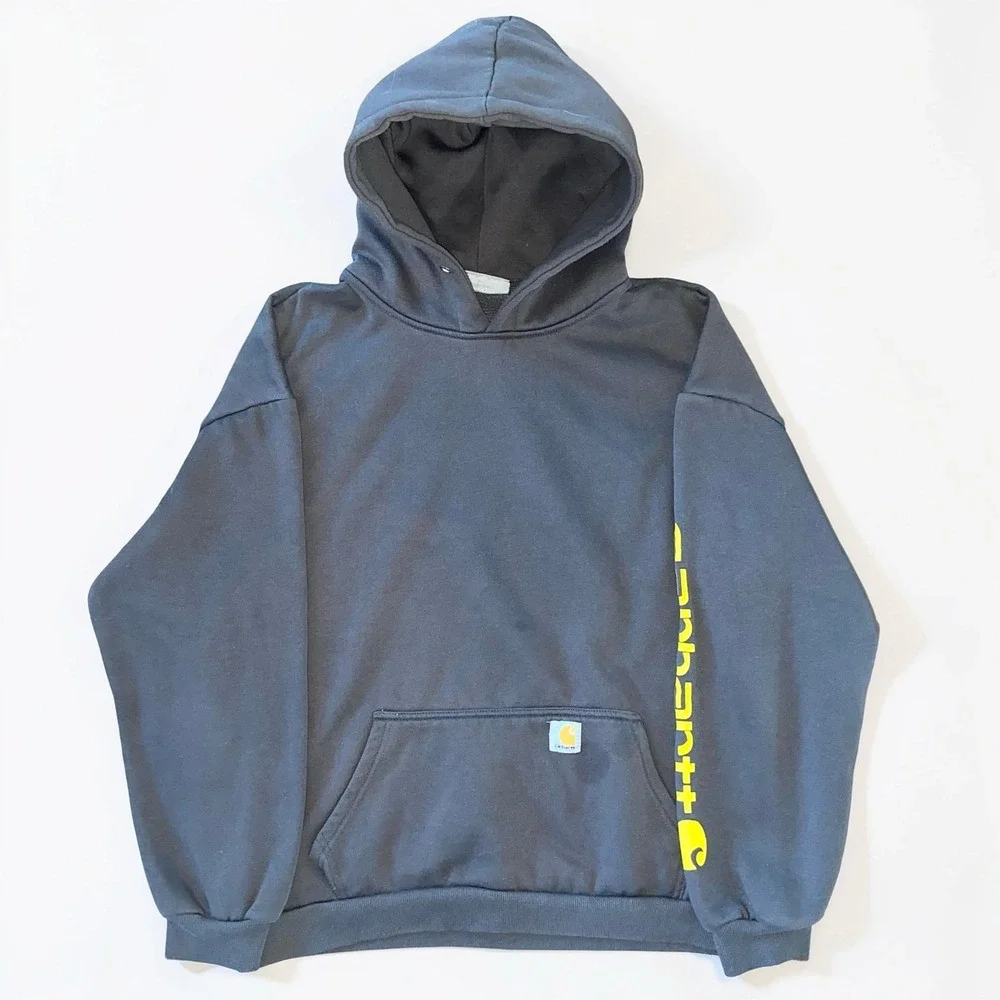 Carhartt WIP Mens L Gray Pullover Hoodie Yellow Sleeve Logo Workwear Hoodie